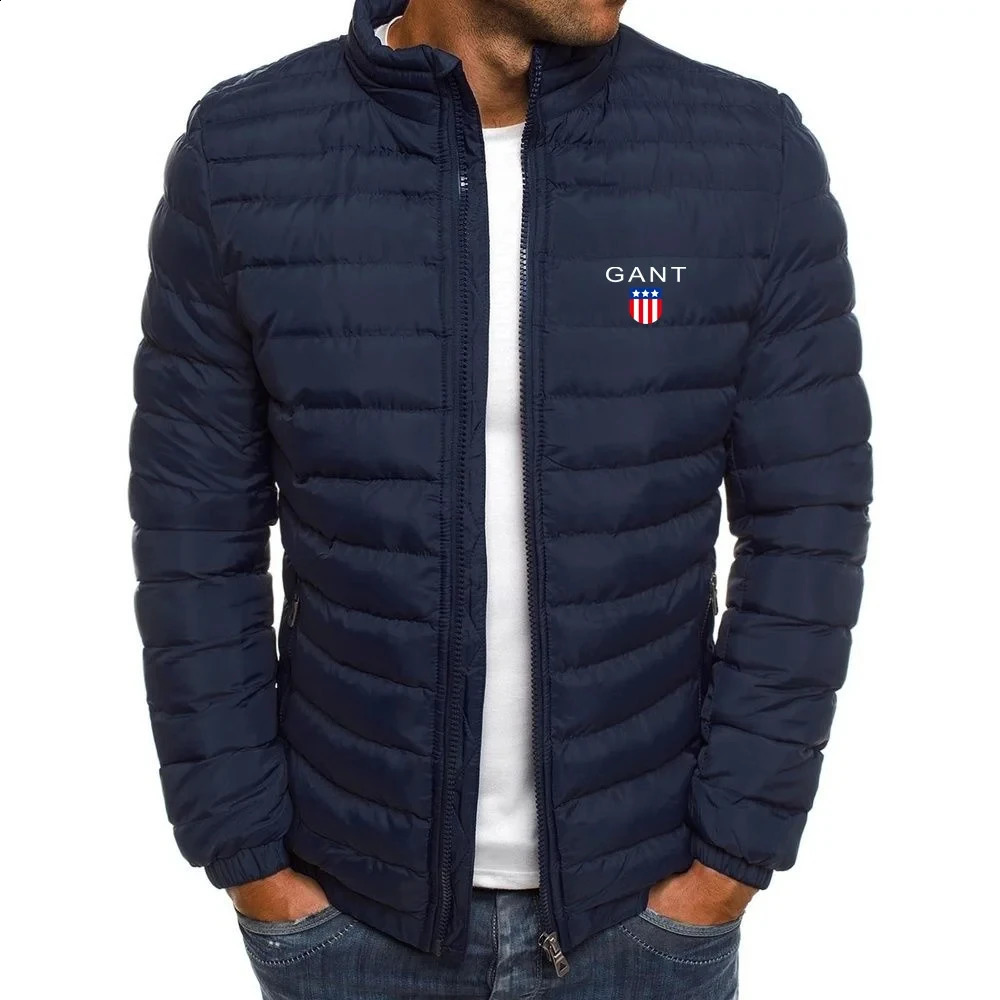 High quality lightweight warm cotton jacket Mens standing collar down Casual mens horizontal stripe 240821