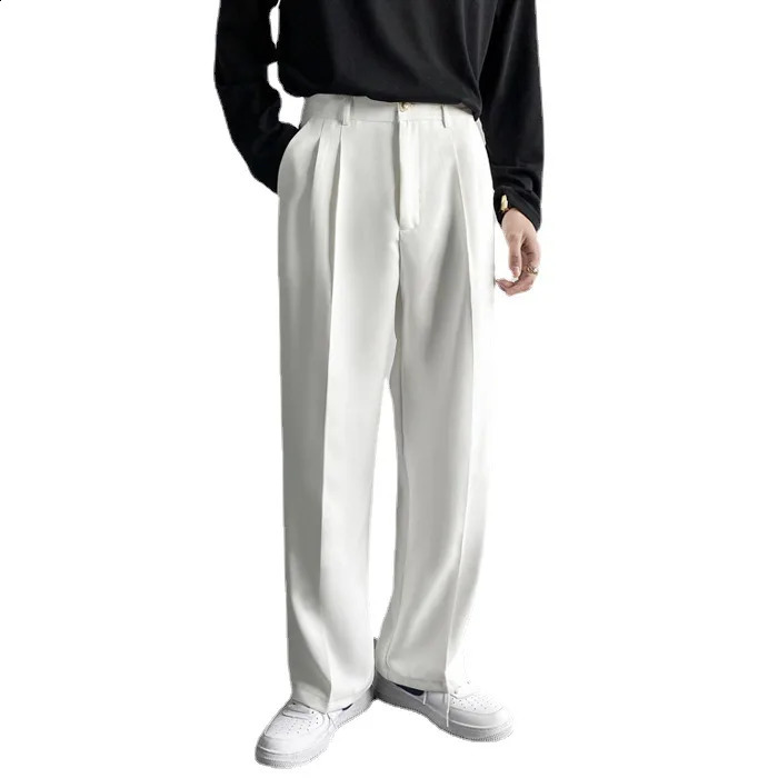 Japanese and Korean Men Thin Pendant Casual Dress Pants Men Ins Nine Points Loose Straight Leg Casual Wide Leg White Suit Pants 240820