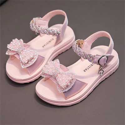 Pearl Diamond Bow Button Girls Silver/Pink Open Toe Sandals Summer Outdoor PU Fashion Sandals for Girls Sizes 26-37 W240821