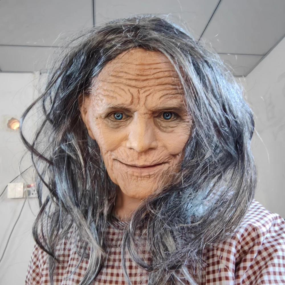 Halloween White-haired Old Lady Latex Mask Movable Jaw Rave Party Horror Granny Witch Mask Lifelike Granny Cosplay Costume Props 240830