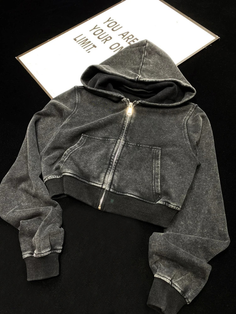 Cotton Terry Black Brown Zip Up Cropped Hoodies Hoode Sweatshirt Coat Jackets Clean Fit Outwear Korean Kpop Top Women 240820