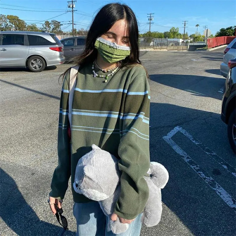 Womens Y2K striped oversized sweater long sleeved staff collar Harajuku retro aesthetic knitted floral top 240821