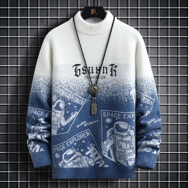 Mens Autumn Winter Harajuku Sweater Mens Casual Loose Print Cashmere Mock Neck Knitted Pullover High Street Outdoor Sweatshirt 240821