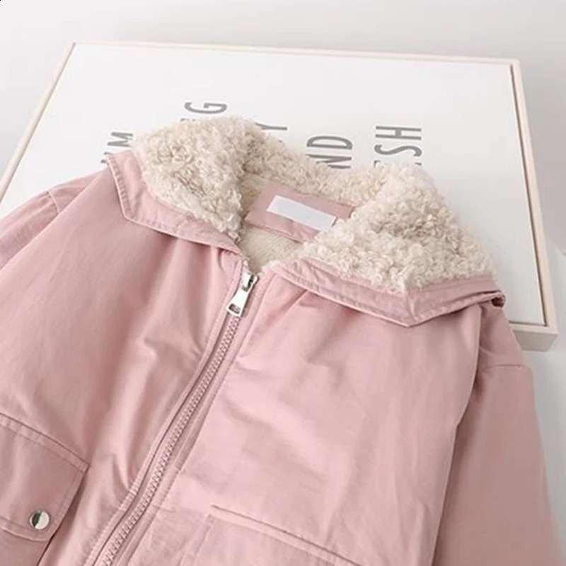 Winter Short Parka Pink Fleece Down Coats Fashion Hairy Puffer Jacket Ladies Korean Pockets Thick Cotton Padded Outwear 240821