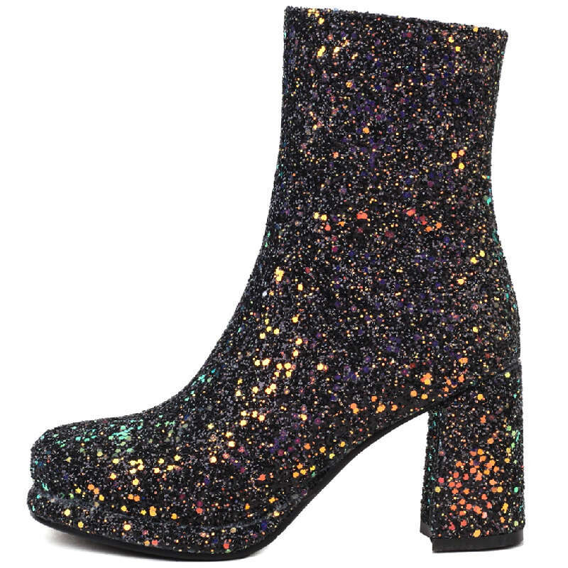 Sequined Women Ankle Boots Gold Sier Block Heels Short Boot Female Zipper Autumn Winter Party Shoes Ladies Large Size