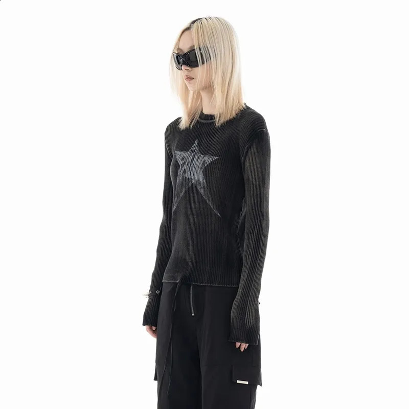 Karrcat Grunge Aesthetics Knitted Top Retro Distressed Pullover Punk Ribbon Jumper American Washed Black Sweater Y2k 240821
