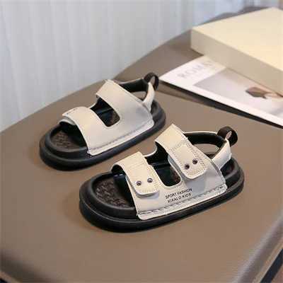 Childrens non slip soft sole black/beige leather sandals boys and girls 2024 summer new PU beach shoes size 26-36 W240821