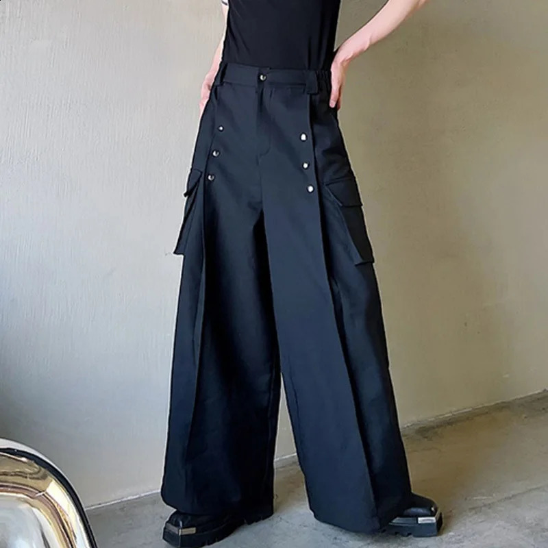 IEFB Mens Casual Wide Leg Trousers Korean Style High Waist Metal Piece Pocket Decoration Fashionable Pants 9A2104 240820