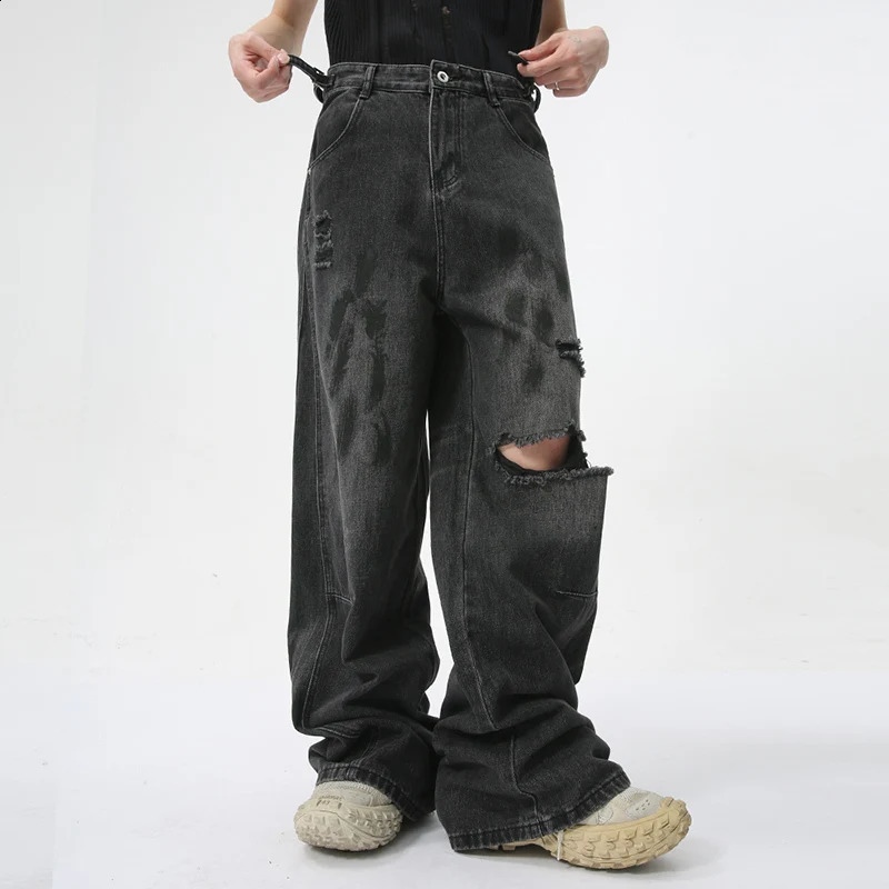 IEFB Summer Mens Denim Pants Streetwear Distressed Dirty Printed Straight Leg Jeans Trendy Male Hole n Trousers 9C5973 240821