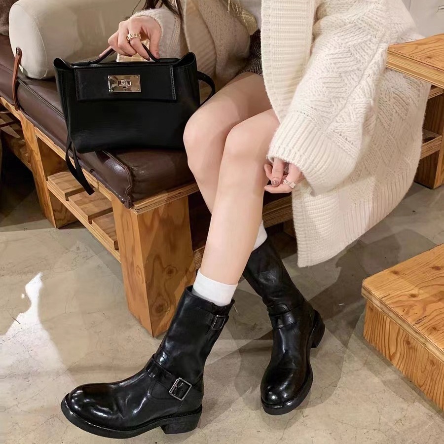 Ddmysports Grape Mom S Fashionable Buckle Design With Horseskin Round Head Small Thick Heel Height Increasing Straight Short Leg Boots For Women New S