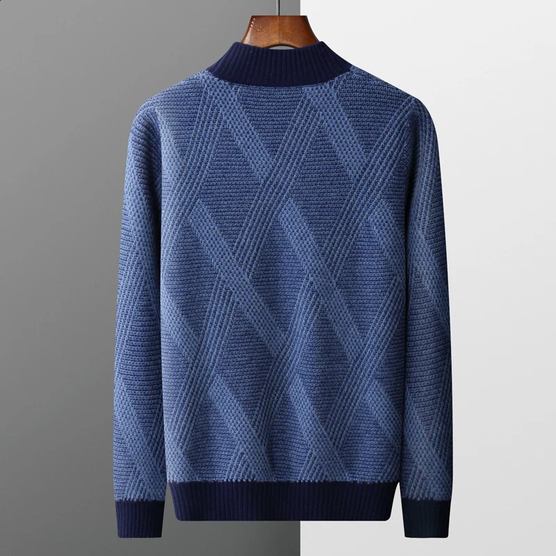 100% pure woolen sweater in autumn and winter mens semi-high collar seat thick sweater loose contrast cashmere knit bottomin 240821
