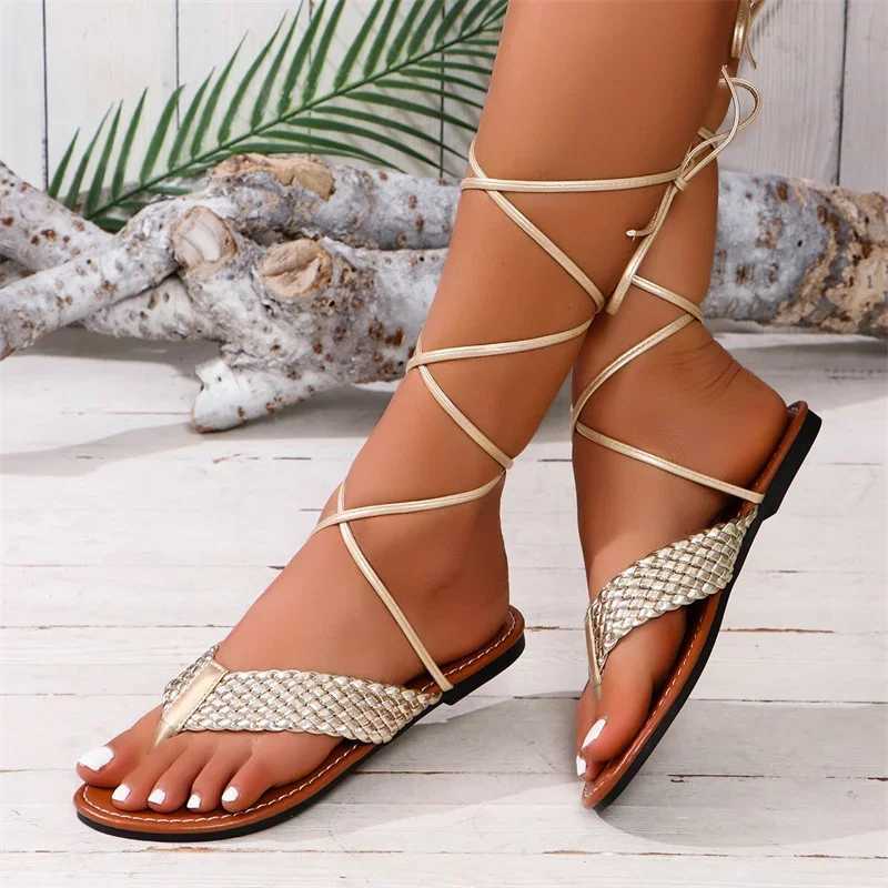 Shoes for Women 2024 Summer Fashion Open Toe FlatSandalsSexySolidColor Lace Up Beach Sandals ForWomen Zapatillas De Mujer CL240806