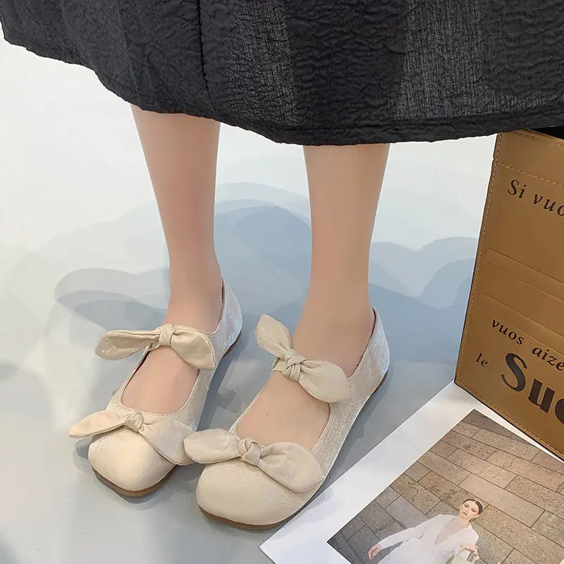 Shoes for Women Flats with Bow Ladies Summer Footwear Pink Kawaii Square Toe Cute Flat on Offer Promotion Vacation E Spring 240820
