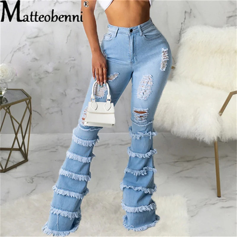 Sexy Women High Waist Stretch Pants Washed Destroyed Holes Ripped Denim Tassel Skinny Flare Jeans Bell Bottoms Z260313