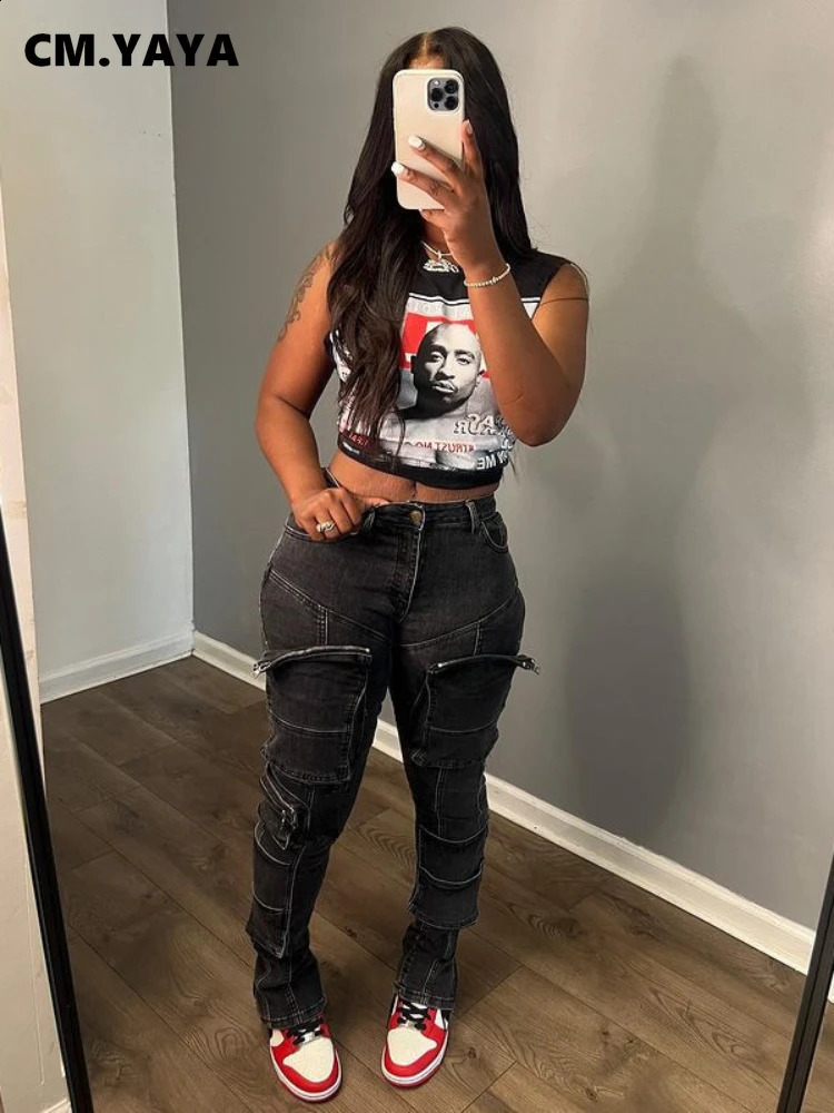 CM.YAYA Fashion Multi Pocket Front Zipper Fly Pencil Jeans Women Street Autumn Winter Denim Pants Trousers 240821