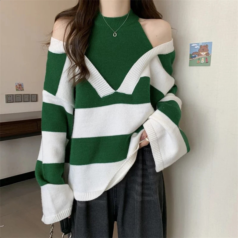 Y2K striped camisole womens sweater Korean knitted loose patch work pullout autumn preparatory style fully matched fashionable top 240821