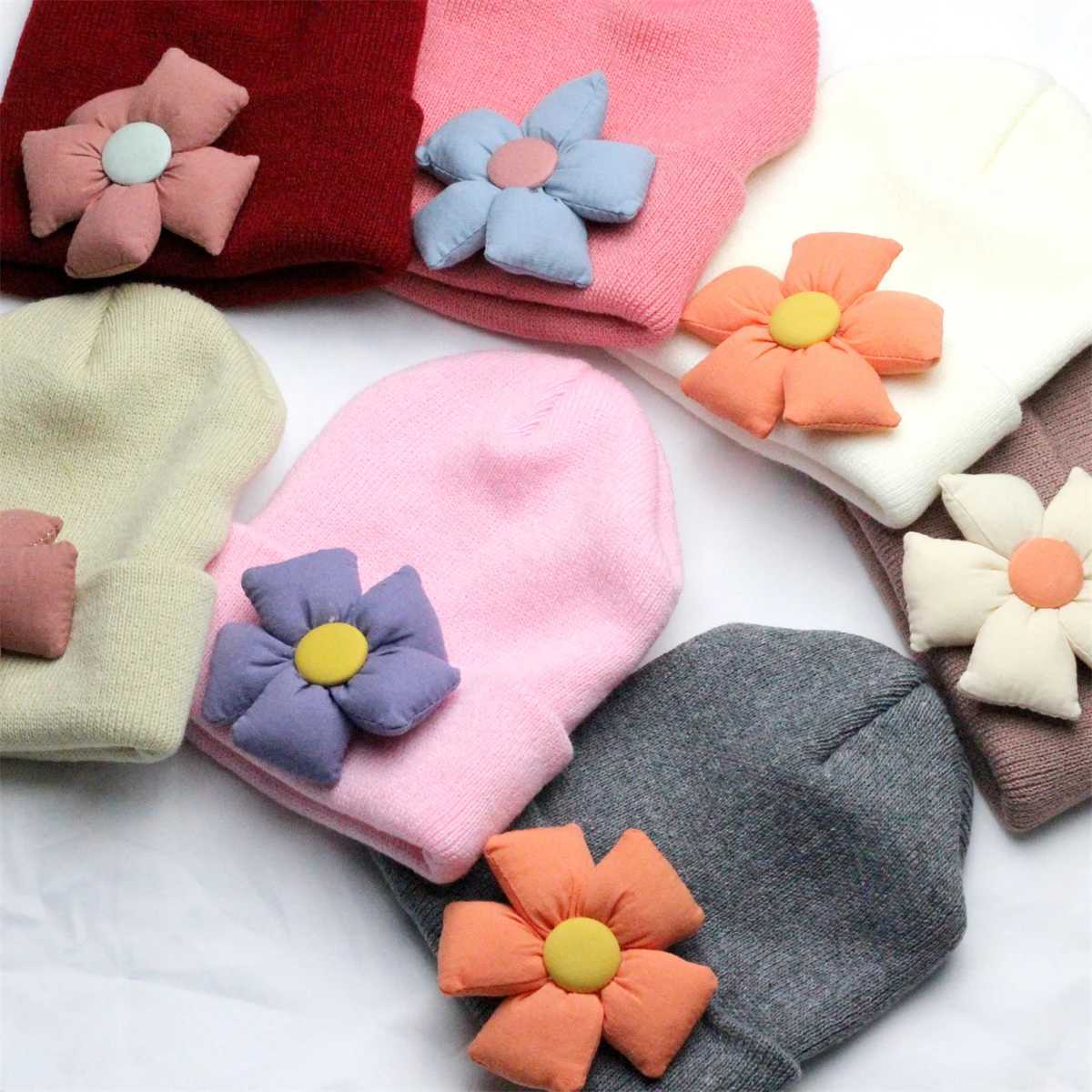 Knitted Beanie with Fabric Sun Flower Baby Girls Big Flower Winter Warm Bonnet Children Crochet Hat Cute Newborn Turban Hats M240821