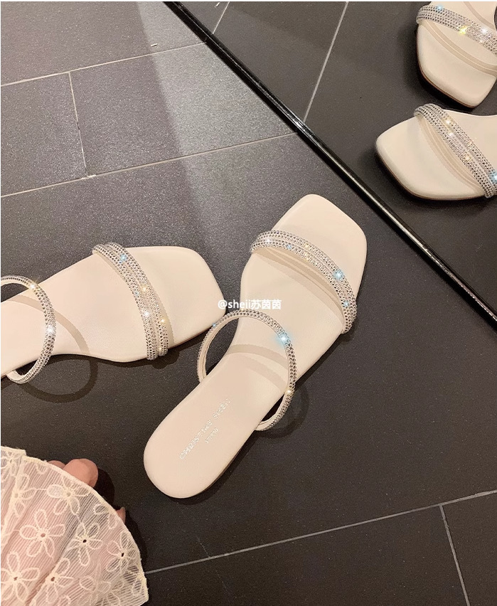Ddmysports Same Style As Su Yinyin Silver Star Sparkle SR Square Eaded Water Diamond With Flat Bottom Women S Slippers For Summer Outwear OUTDOOR