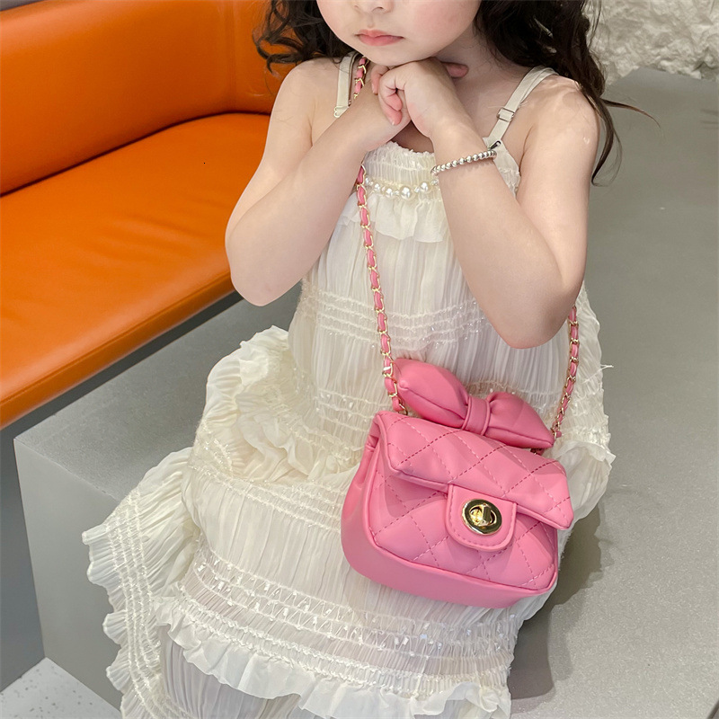 New children's with bow, coin purse, embroidered thread, small fragrant style, diamond grid bag, stylish girl's chain crossbody bag F15.2-08