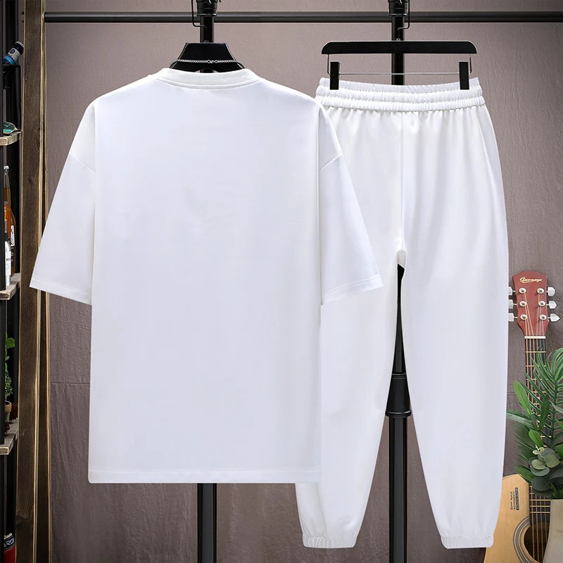 Summer Casual Mens Sets Short Sleeve T-Shirts And Full-Length Pants Two Piece Set Clothing Outwear Tops Tees Tracksuit 240821