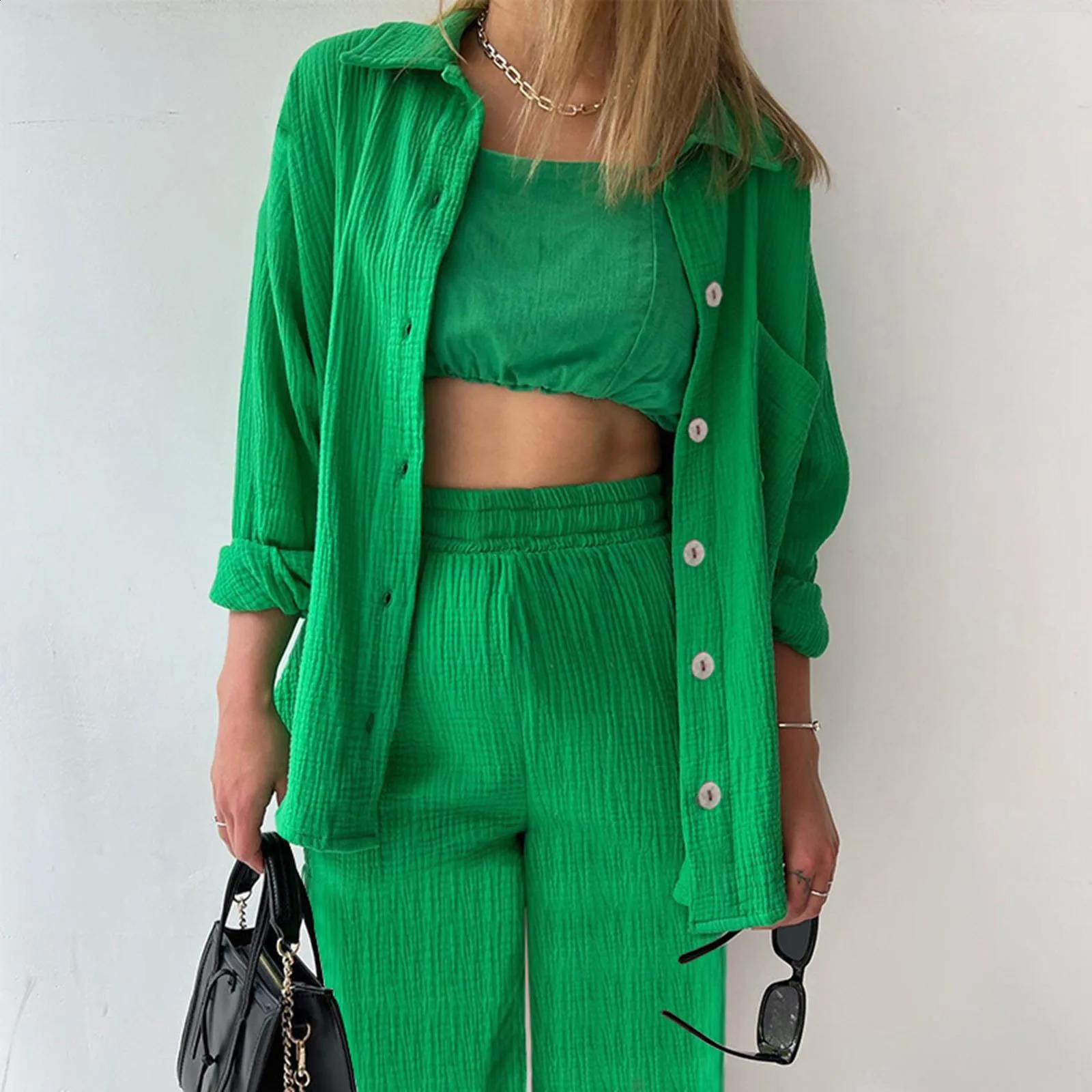 Womens Summer Muslin Blouse Shirt And Shorts Clothes Long Pants Autumn Outfit Set Two Piece Pant Suits 240820