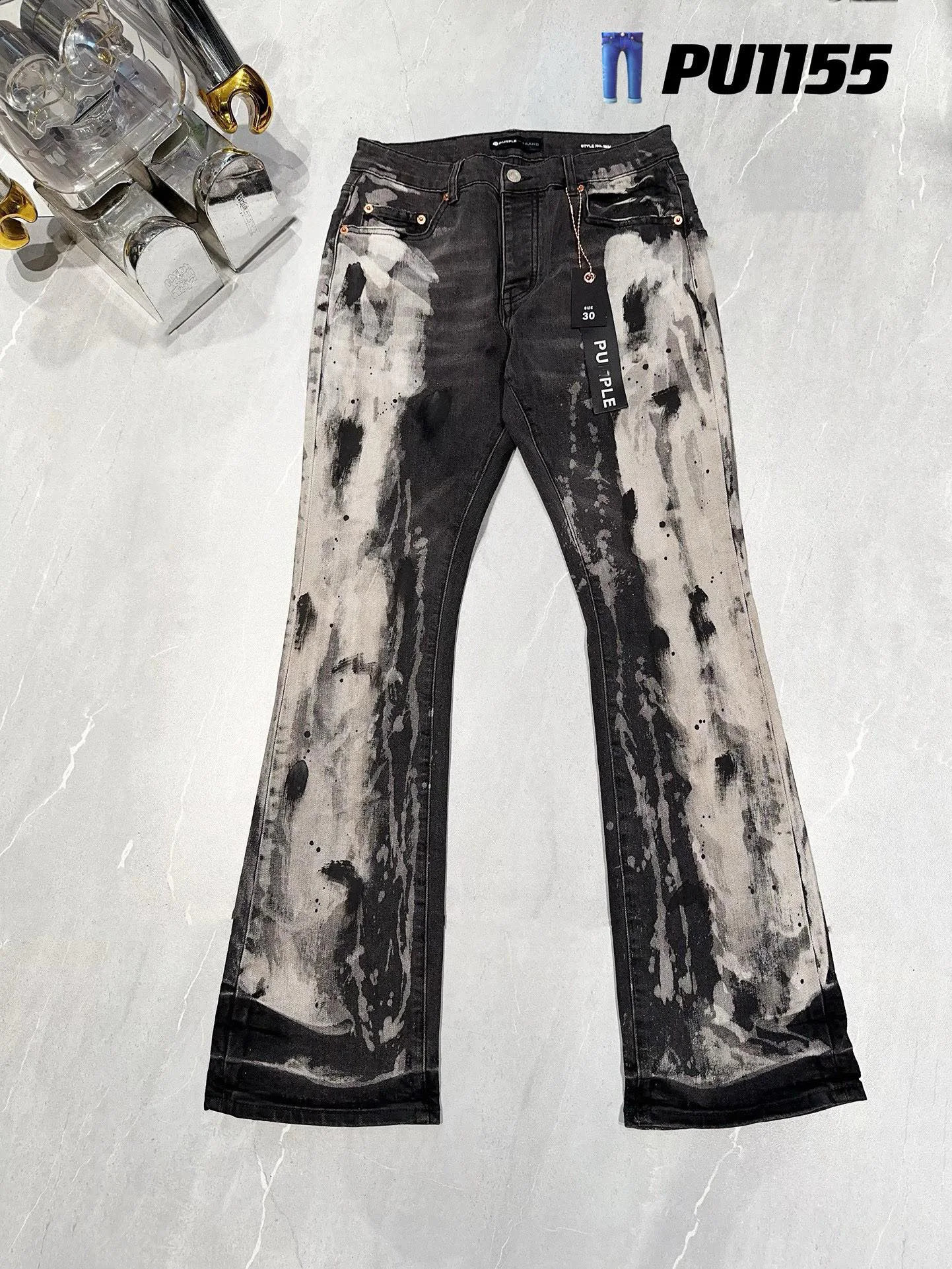 Y2k Grey Mens Denim Flared Jeans Hand Drawing Button Fly Trousers Man Slim Fit Bell Bottoms 240821