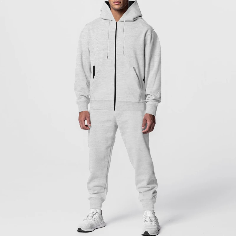 Autumn Mens Suit Plus Fleece Solid Color Double Pocket Slim Hoodie Pants Sports Suit Casual Fashion Mens Clothing 240821