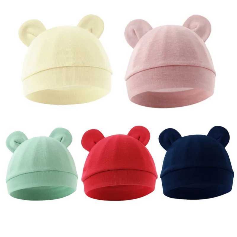 Solid Color Thin Baby Nursery Beanie Cartoon Bear Ear Cotton Newborn Fetal Bonnet For 0-3 Months Baby Hat Baby Accessories M240821