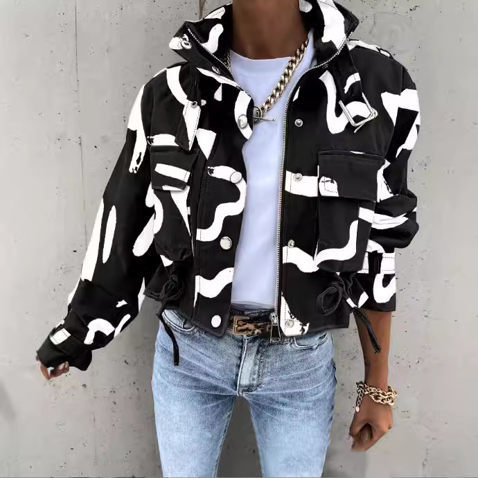 Women's clothing 2024 autumn fashion printed zipper short casual jacket