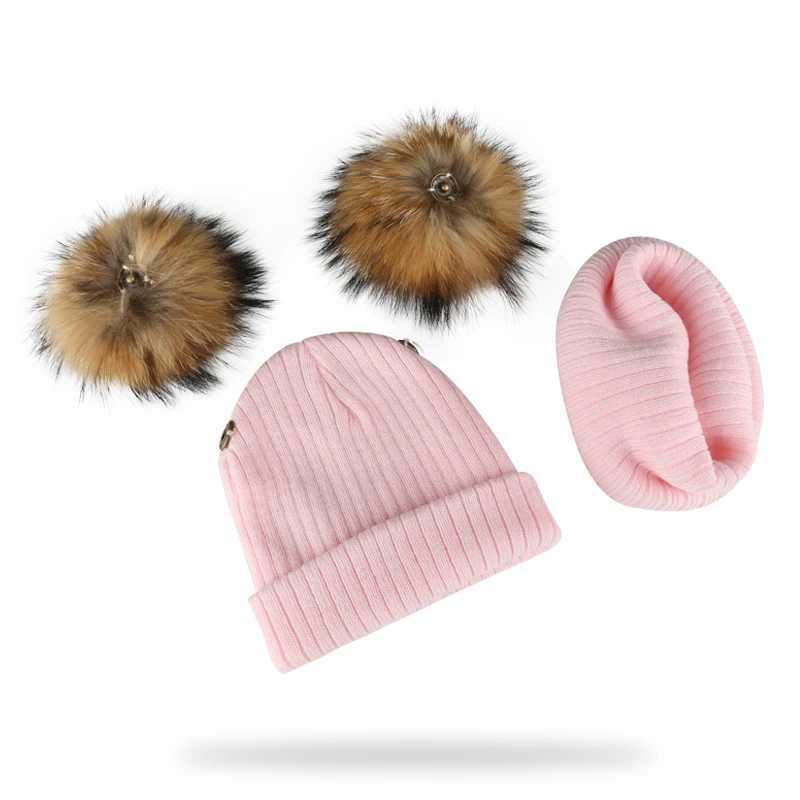Winter Kids Natural Raccoon Fur Double Pompon Hat And Scarf For Girls Baby Cap With Genuine Pompom Childrens Accessories Bonnet M240821