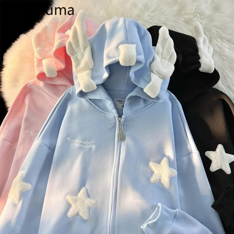 Streetwear Embroidery Star Hoodie Women Clothing Thicked Zipper Hooded Jackets Y2k Tops Casual Fashion Vintage Sweatshirts Coat 240821