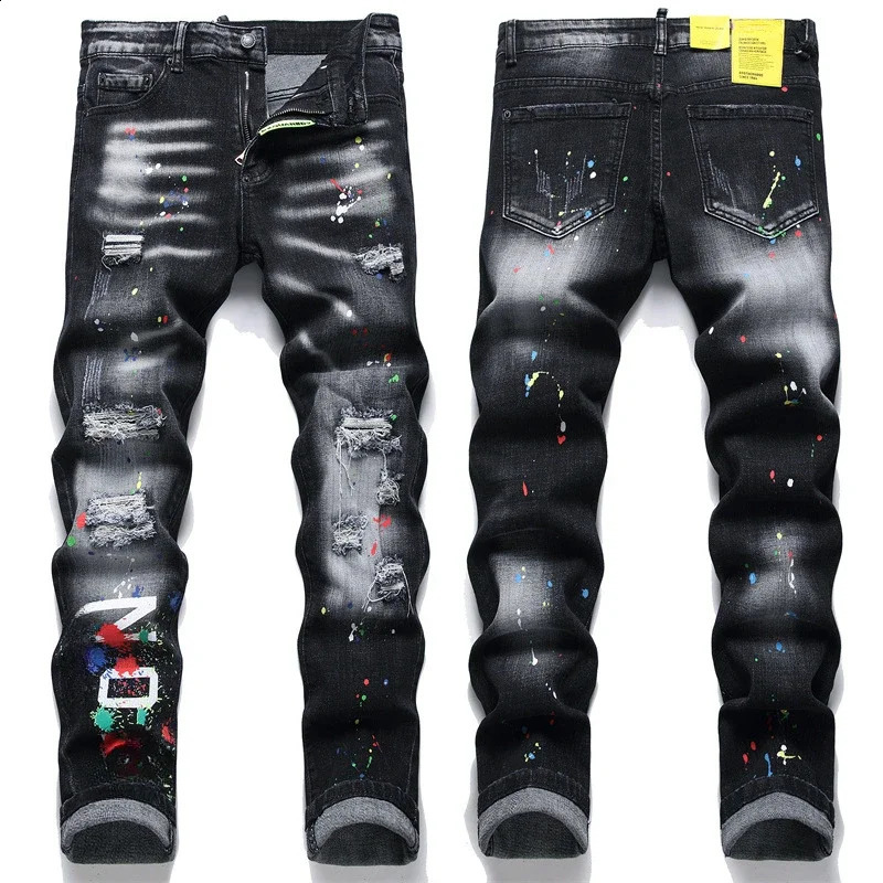 Ltalian High Street Style Denim Pants Men Black Ripped Denim Jeans Holes Jeans High Quality Male Slim Fit Denim Trousers Size 38 240821