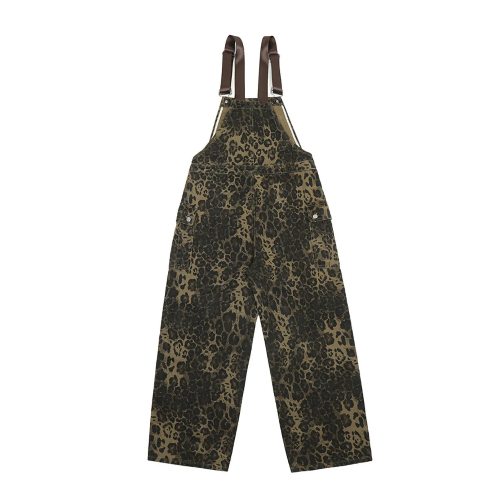 Women Leopard Jumpsuits Y2k Clothes Streetwear Wide Leg Baggy MultiPocket Loose Cargo Overalls Rompers 240821