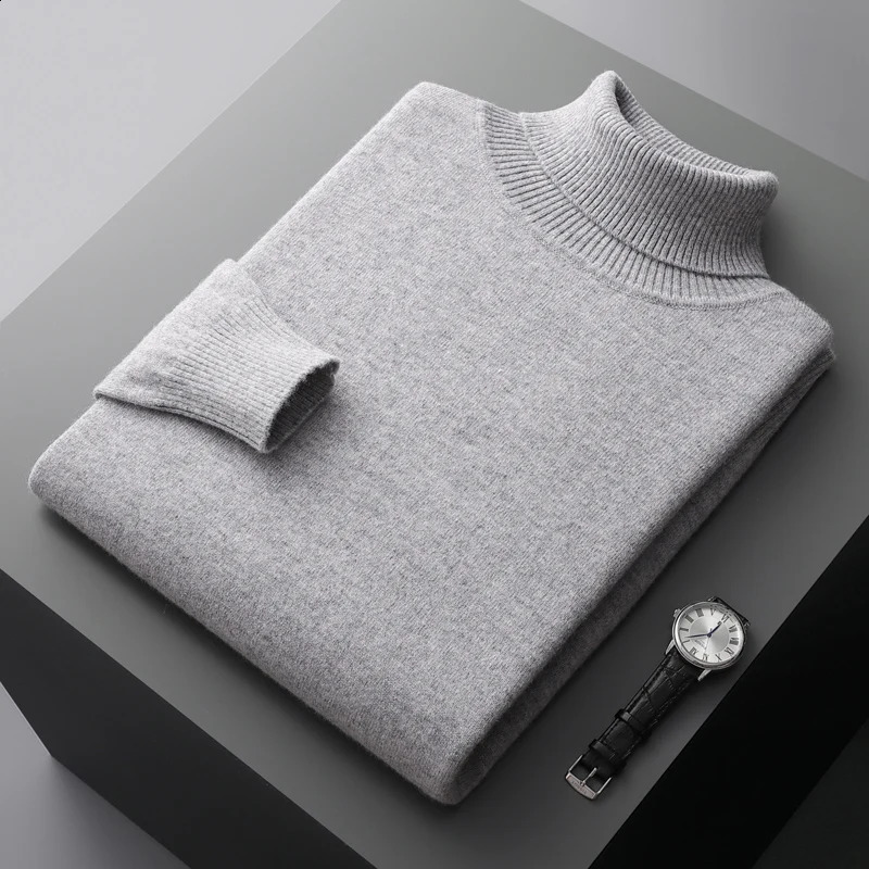 Autumn and winter 100% pure merino wool pullover mens turtleneck cashmere sweater thickened warm loose solid color top 240821