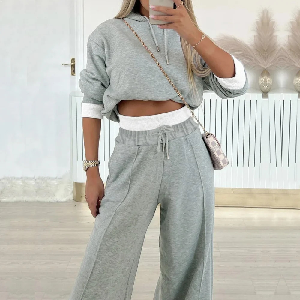 Elegant Hooded Set Women Spring Casual Y2k Top Sweatshirt Sports Wide Leg Pants Two-piece Suit for Female Streetwear 240820