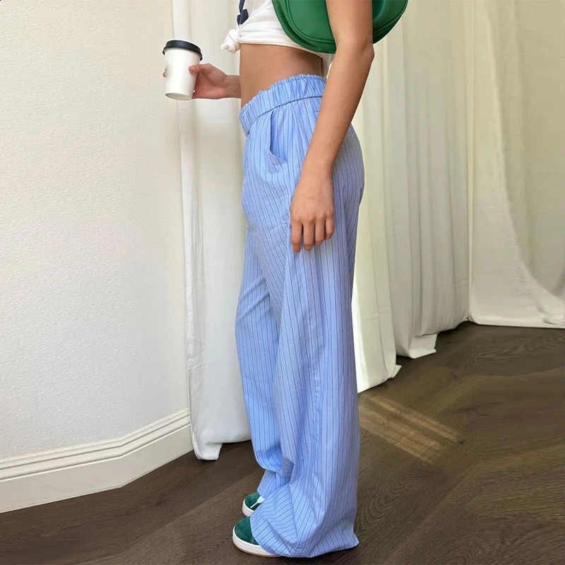 Retro 90s Loose Trouser Womens Y2K Striped Pants Wide Leg Lounge Bottom Casual Elastic Waist Nightwear Street Wear 240821
