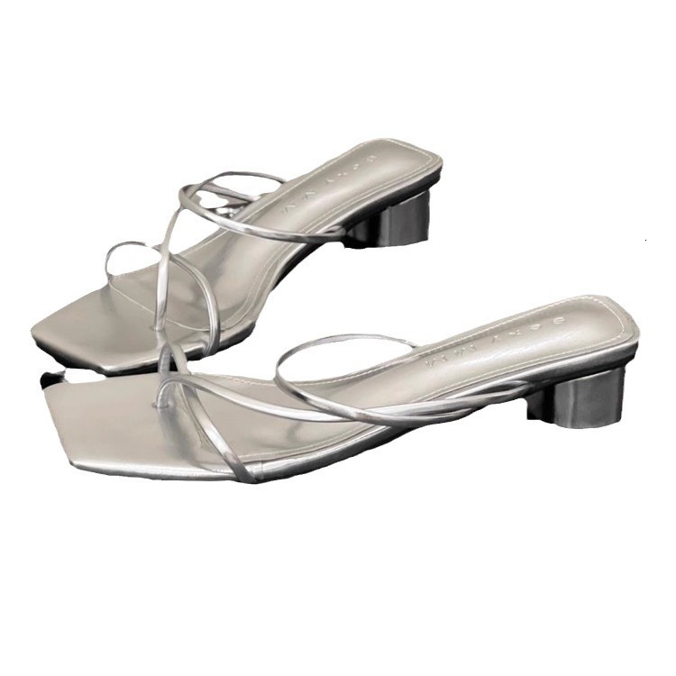 Ddmysports French Semi Slippers For Women S Summer Wear New Korean Version Gentle Fairy Style Slim Strap Silver Thick Heel Cool Mop OUTDOOR