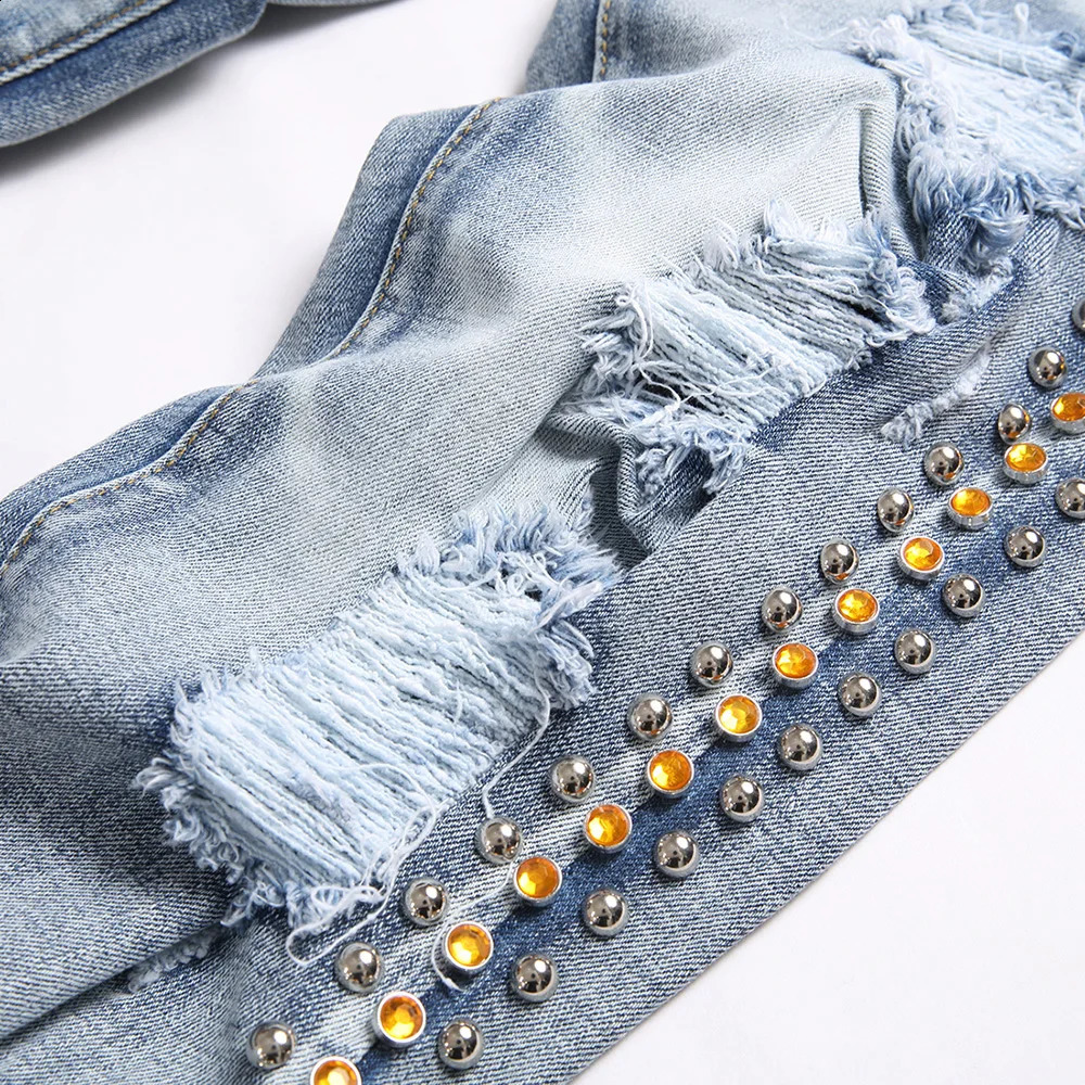 Men Side Rivet Crystal Stretch Denim Jeans Punk Holes Ripped Pants Streetwear Slim Tapered Trousers Blue Black 240821