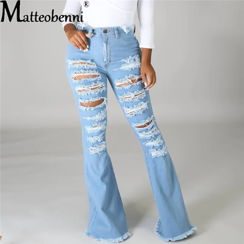Fashion Women Hole High Waist Ripped Slit Flare Jeans Ladies Black Tassel Denim Trousers Sexy Skinny Bell Bottoms Jean Pants 240821