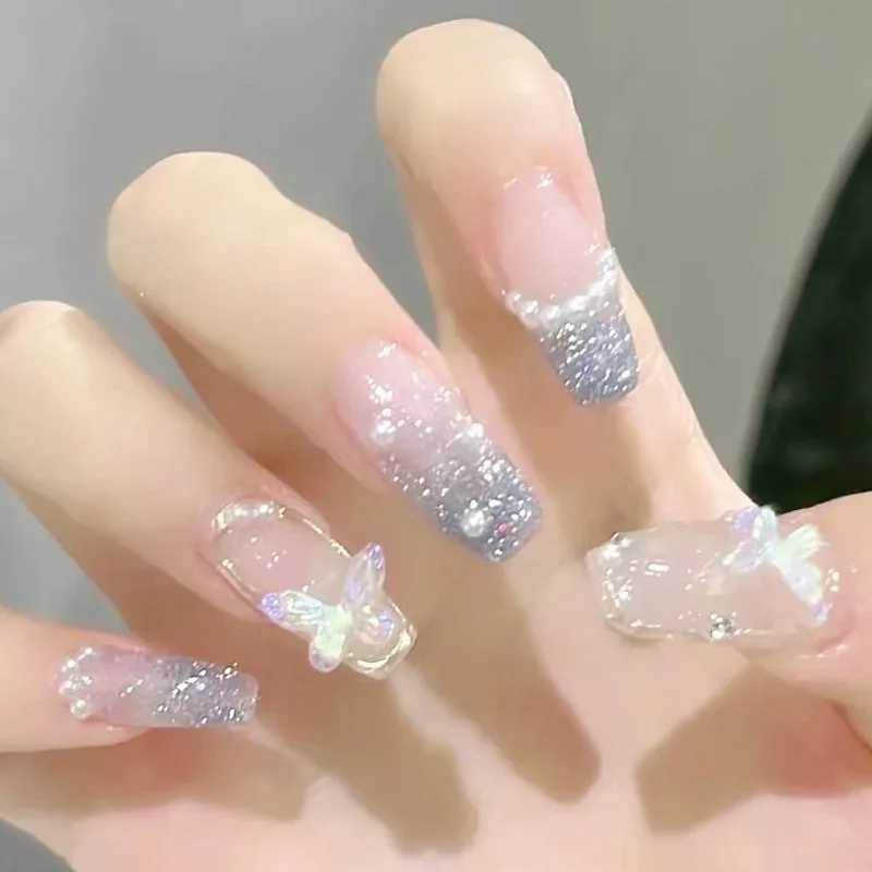 24Pcs Press on Nails Long with Designs Pink Rhinestones False Fake Nails Press On Coffin Artificial Nails for Women Stick onXJ241025