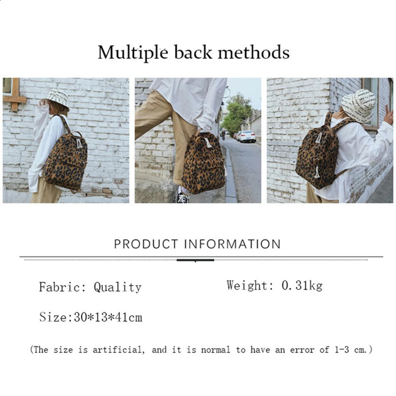 Travel Womens Leopard print Backpack Large Capacity Handbag Corduroy Student Sac Dos Teen Filler 240820