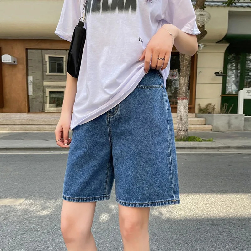 Korean Style Classic Denim Women Summer Blue High Waisted Wide Leg Pants Streetwear Stright Jeans Womens Shorts 240821