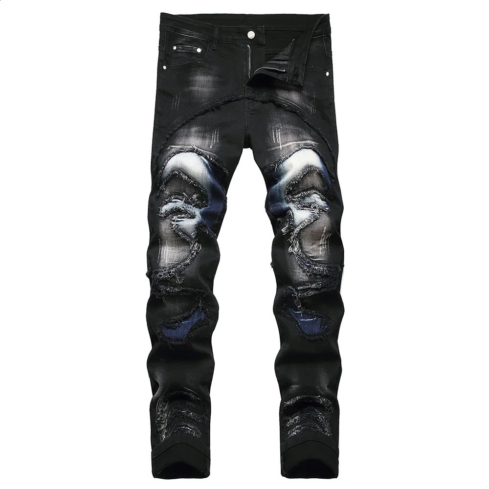 Men Patch Patchwork Stretch Denim Jeans Streetwear Ripped Slim Straight Pants Fringe Distressed Trousers Black Blue 240821