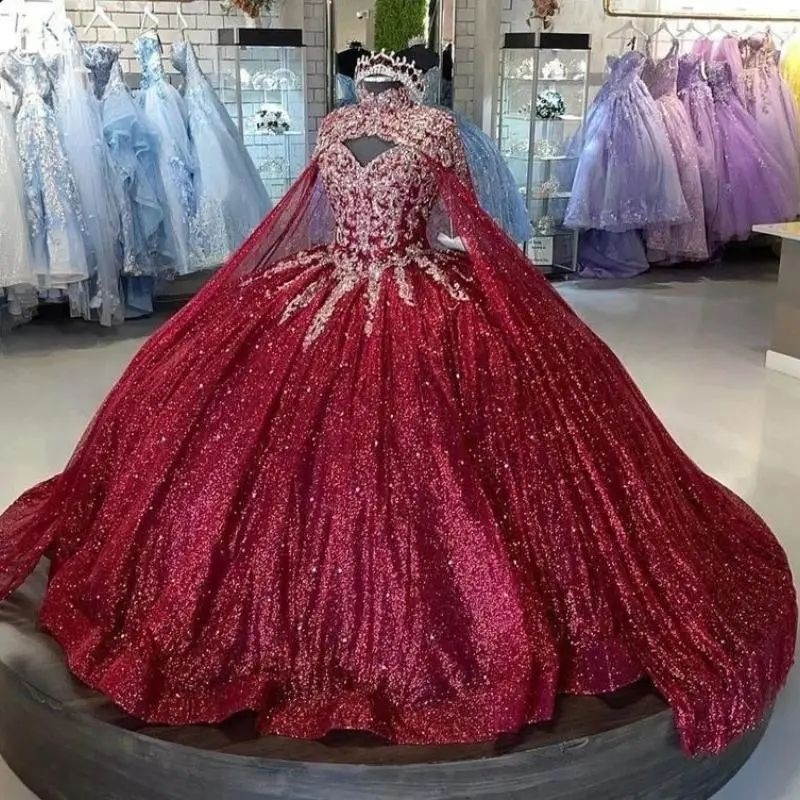 Burgundy Shiny Quinceanera Dress 2025 With Cape Ball Gown Sequin Lace Appliques Beads Mexican Sweet 16 Vestido De 15 anos