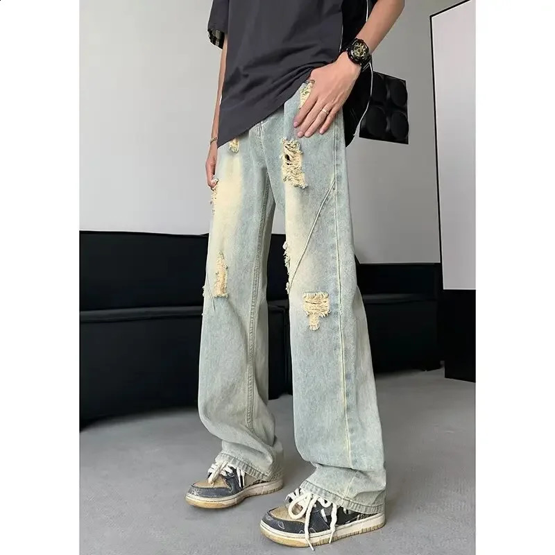 Vintage Wide-leg Jeans For Men Style Loose-fit Versatile Ripped n Sensibility Straight-leg Pants American Style 240821