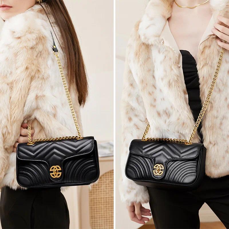 Genuine Shoulder Bags Leather Women's Chain Bag 2024 Cowhide Women Crossbody Geometric Pattern Handbag