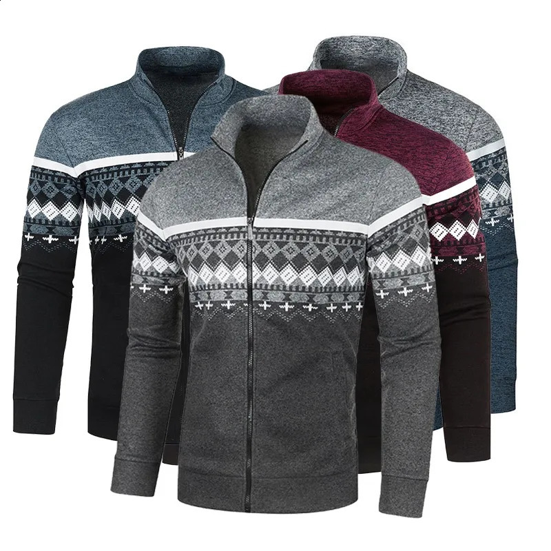 Spring Autumn Mens Knitted Cardigan Jacket Printed Long Sleeve Stand Collar Leisure Slim Zipper Sweater Jacket S-3XL 240821