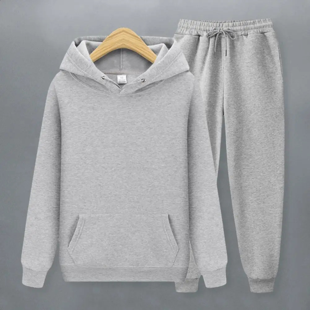 2Pcs/Set Men Track Suit Set Hooded Drawstring Long Sleeve Sweatshirt Elastic Waist Pants Set Casual Workout Sportwear 240821