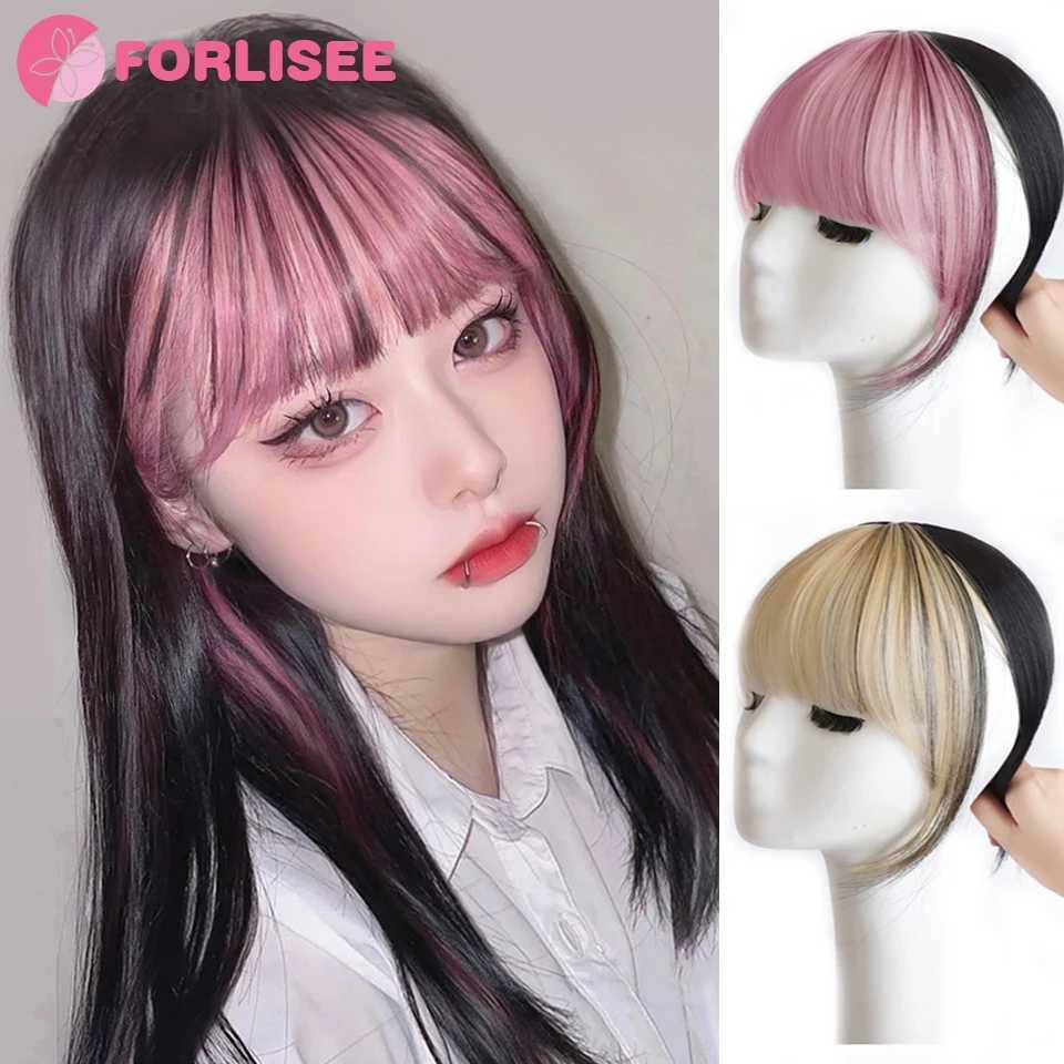 Forlisee synthetic 3D French bangs wig with natural seamless forehead invisible pink highlights top-notch hair stickers air bangs W240817