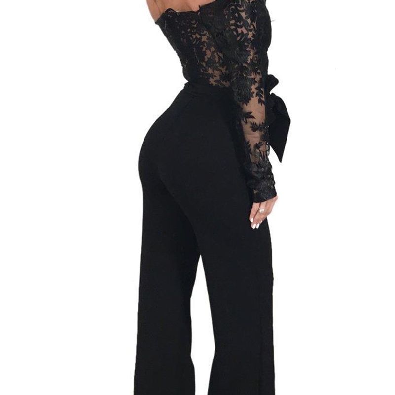 Womens Elegant Off Shoulder Long Pants Wide Leg Jumpsuits Floral Embroidery Lace See Through Cocktail Club Party Evening Rompers 240820
